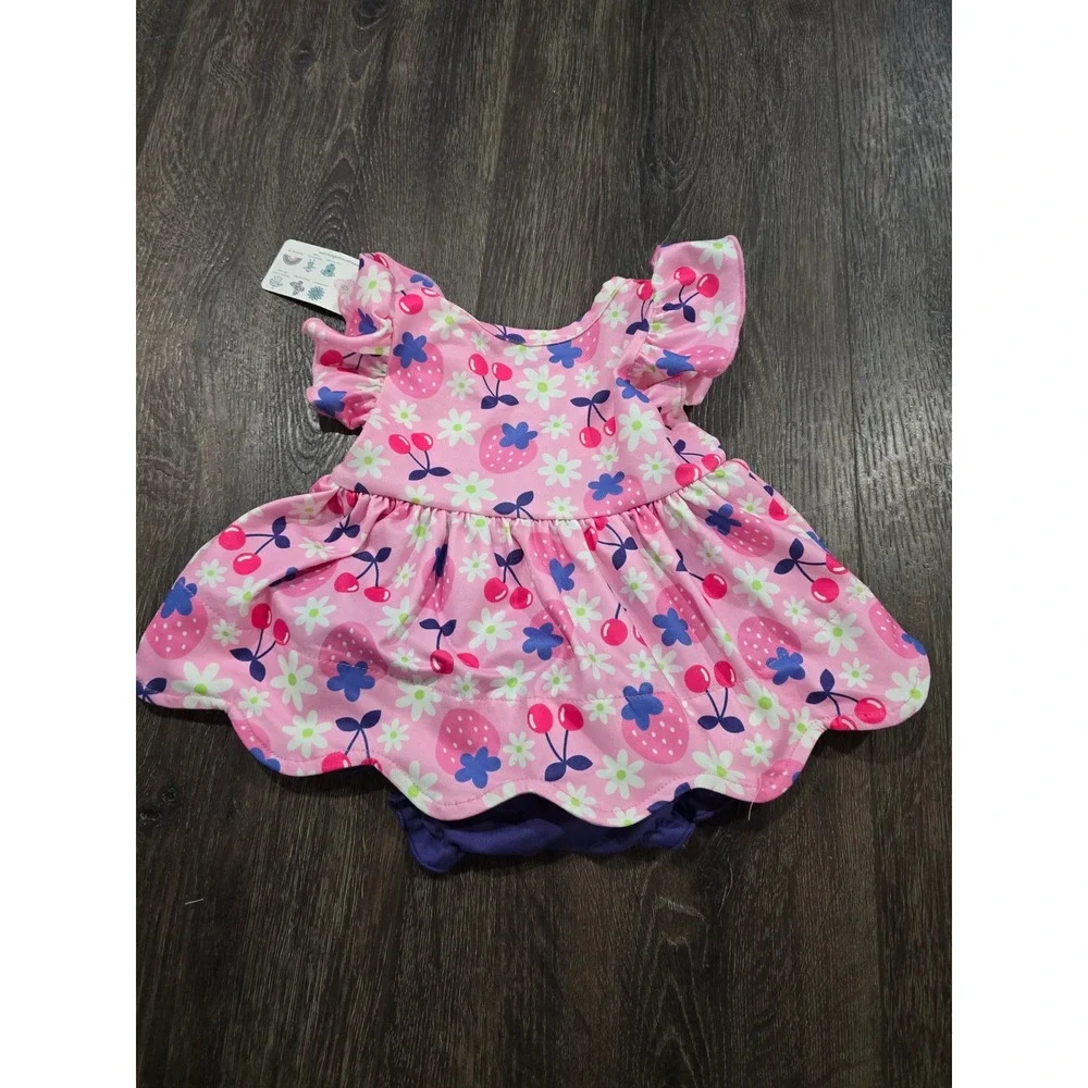 Pete + Lucy Baby Girl Pink Strawberry Cherry Floral Romper Dress 3-6M NWT